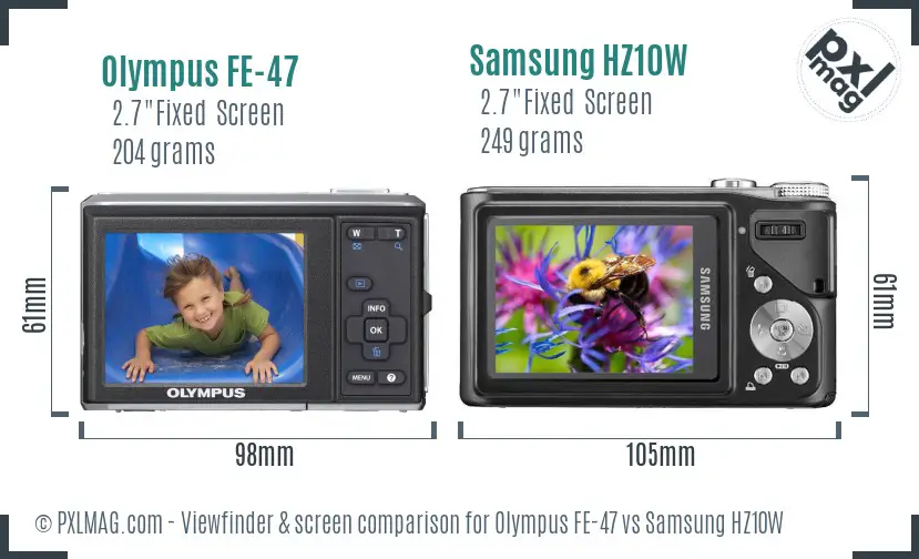 Olympus FE-47 vs Samsung HZ10W Screen and Viewfinder comparison