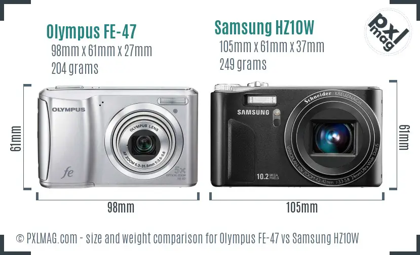 Olympus FE-47 vs Samsung HZ10W size comparison