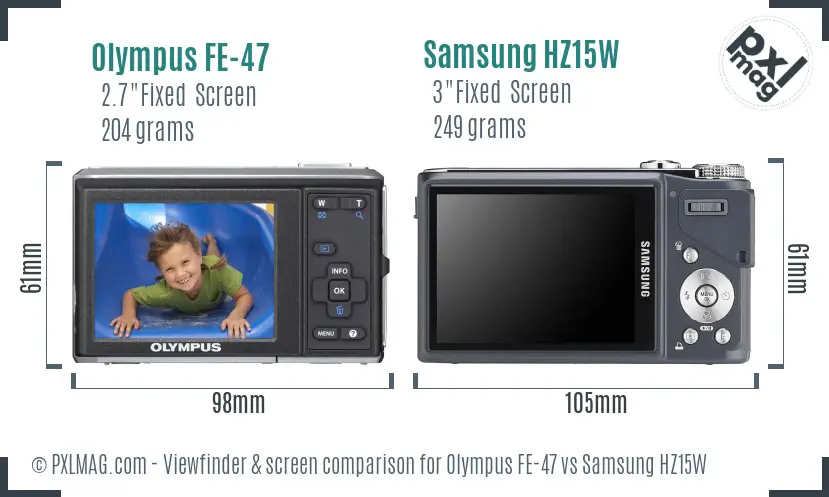 Olympus FE-47 vs Samsung HZ15W Screen and Viewfinder comparison