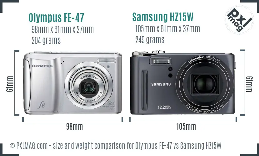 Olympus FE-47 vs Samsung HZ15W size comparison