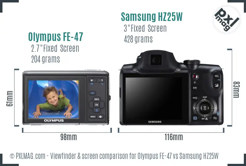 Olympus FE-47 vs Samsung HZ25W Screen and Viewfinder comparison