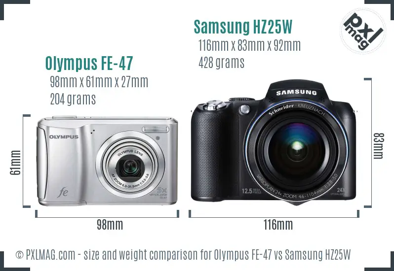 Olympus FE-47 vs Samsung HZ25W size comparison