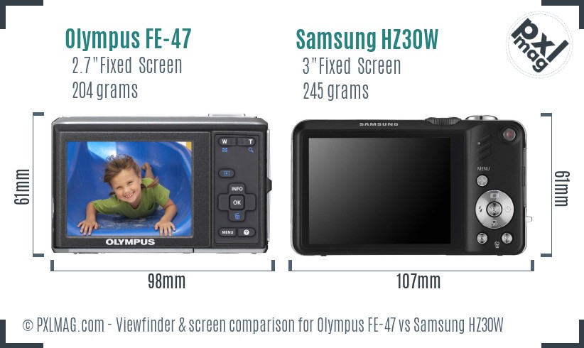 Olympus FE-47 vs Samsung HZ30W Screen and Viewfinder comparison