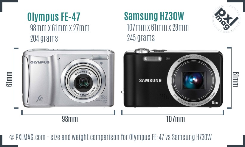 Olympus FE-47 vs Samsung HZ30W size comparison Olympus FE-47 vs Samsung HZ30W size comparison