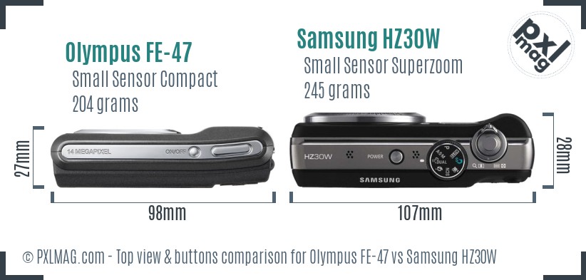 Olympus FE-47 vs Samsung HZ30W top view buttons comparison