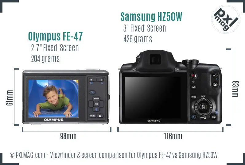 Olympus FE-47 vs Samsung HZ50W Screen and Viewfinder comparison