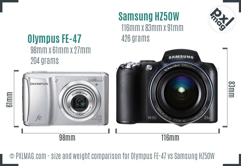 Olympus FE-47 vs Samsung HZ50W size comparison