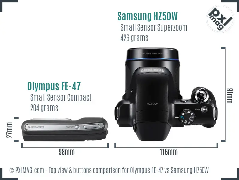 Olympus FE-47 vs Samsung HZ50W top view buttons comparison