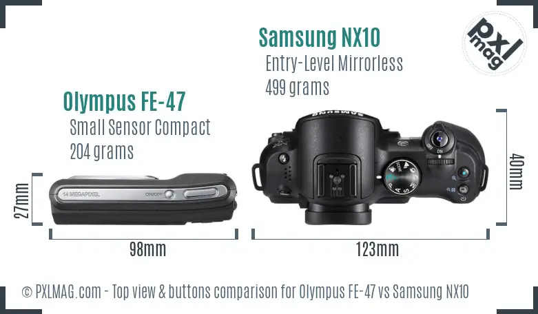 Olympus FE-47 vs Samsung NX10 top view buttons comparison Olympus FE-47 vs Samsung NX10 top view buttons comparison