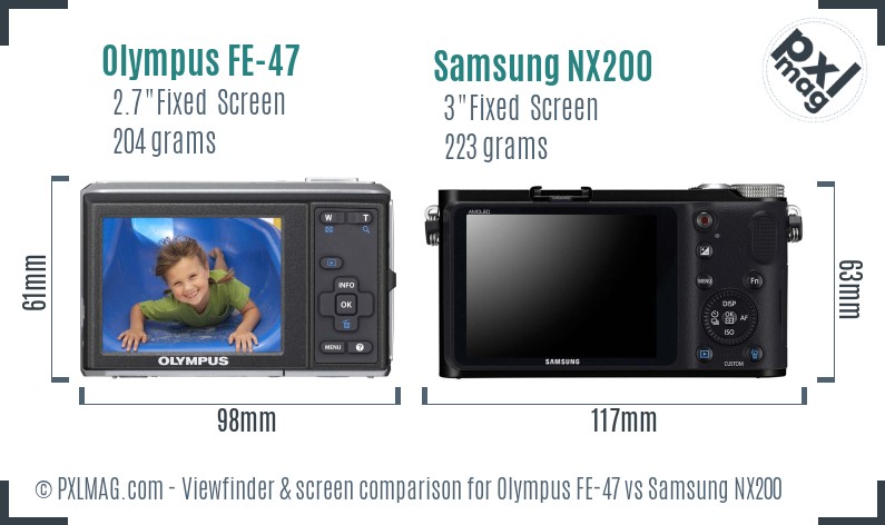 Olympus FE-47 vs Samsung NX200 Screen and Viewfinder comparison