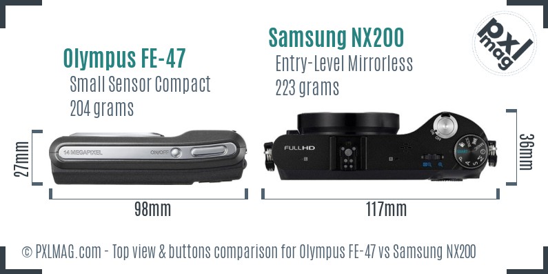 Olympus FE-47 vs Samsung NX200 top view buttons comparison