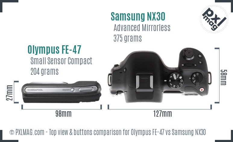Olympus FE-47 vs Samsung NX30 top view buttons comparison