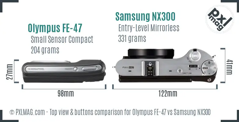Olympus FE-47 vs Samsung NX300 top view buttons comparison