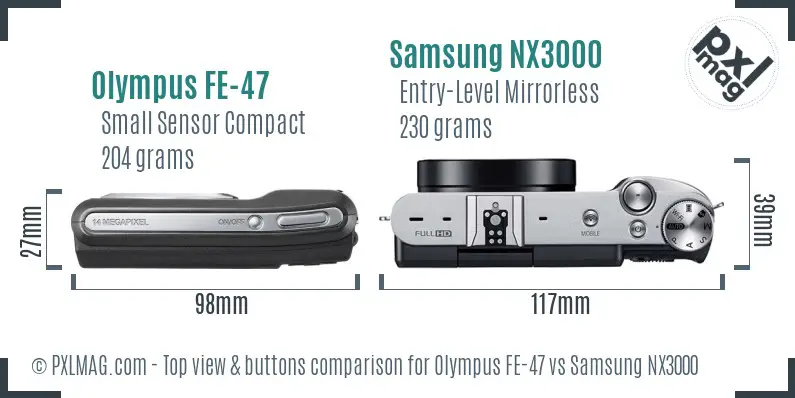 Olympus FE-47 vs Samsung NX3000 top view buttons comparison