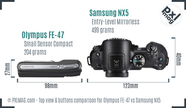 Olympus FE-47 vs Samsung NX5 top view buttons comparison