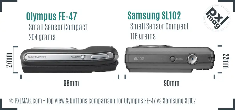 Olympus FE-47 vs Samsung SL102 top view buttons comparison