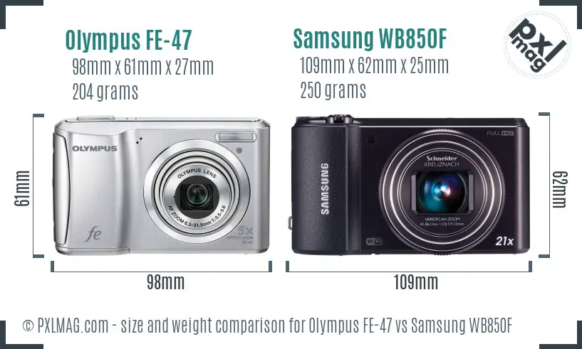 Olympus FE-47 vs Samsung WB850F size comparison