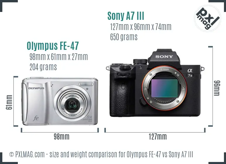 Olympus FE-47 vs Sony A7 III size comparison