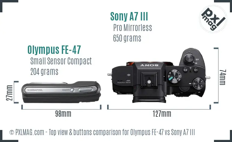 Olympus FE-47 vs Sony A7 III top view buttons comparison