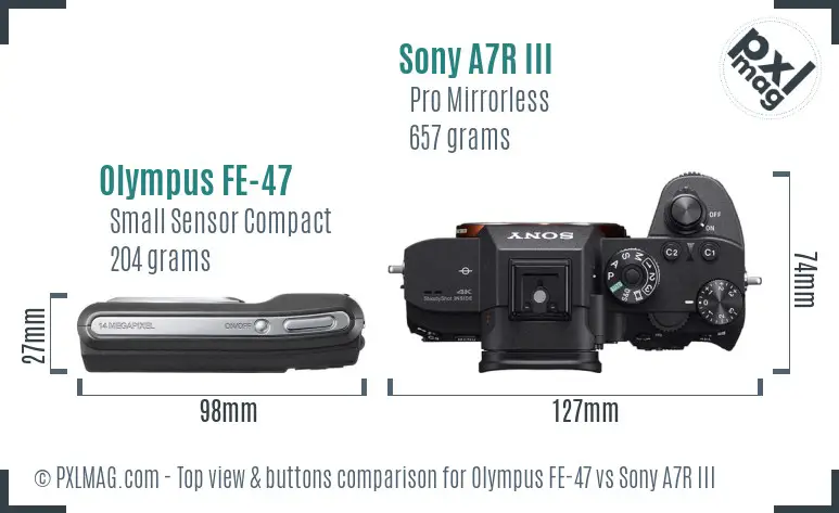 Olympus FE-47 vs Sony A7R III top view buttons comparison