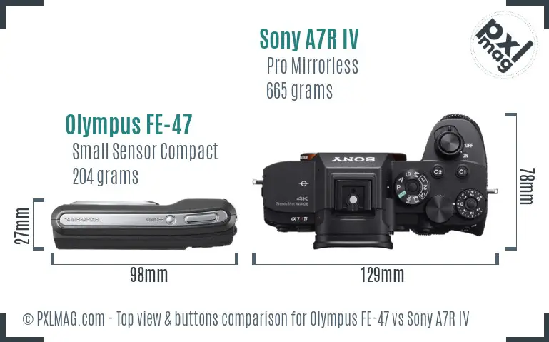 Olympus FE-47 vs Sony A7R IV top view buttons comparison