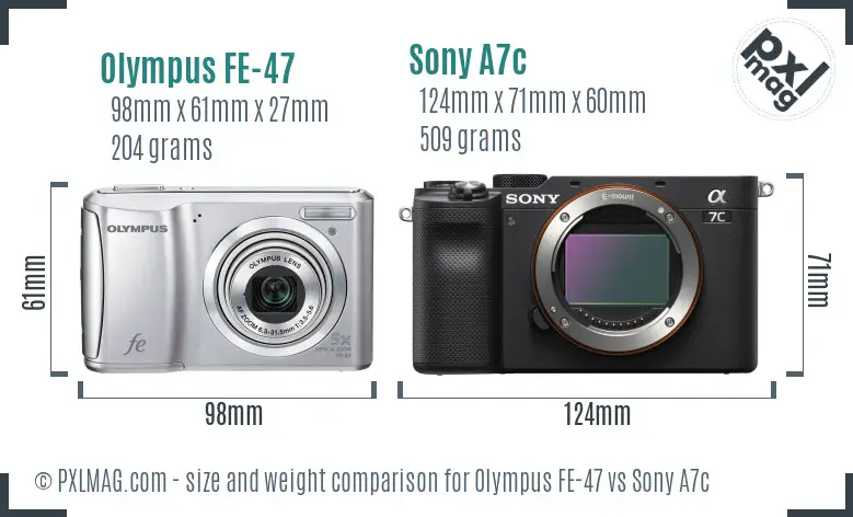 Olympus FE-47 vs Sony A7c size comparison