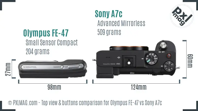 Olympus FE-47 vs Sony A7c top view buttons comparison