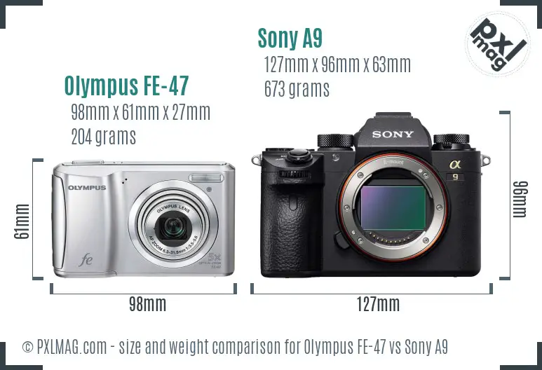 Olympus FE-47 vs Sony A9 size comparison