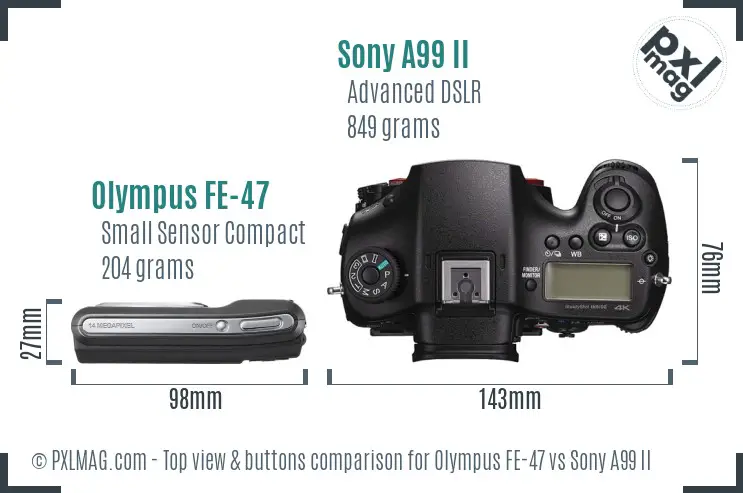 Olympus FE-47 vs Sony A99 II top view buttons comparison