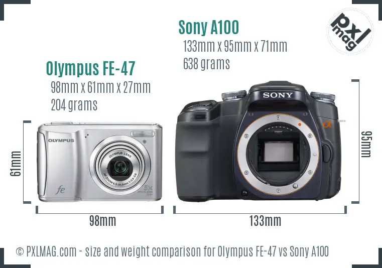 Olympus FE-47 vs Sony A100 size comparison