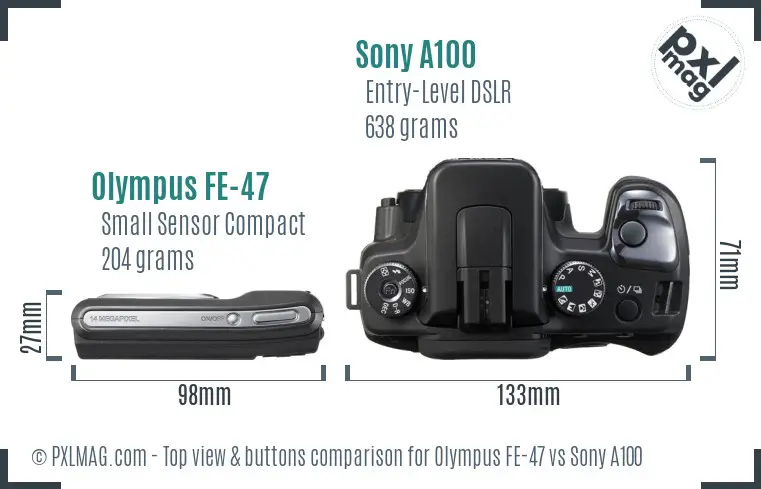 Olympus FE-47 vs Sony A100 top view buttons comparison