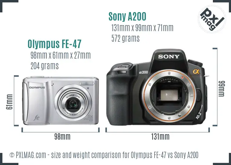 Olympus FE-47 vs Sony A200 size comparison