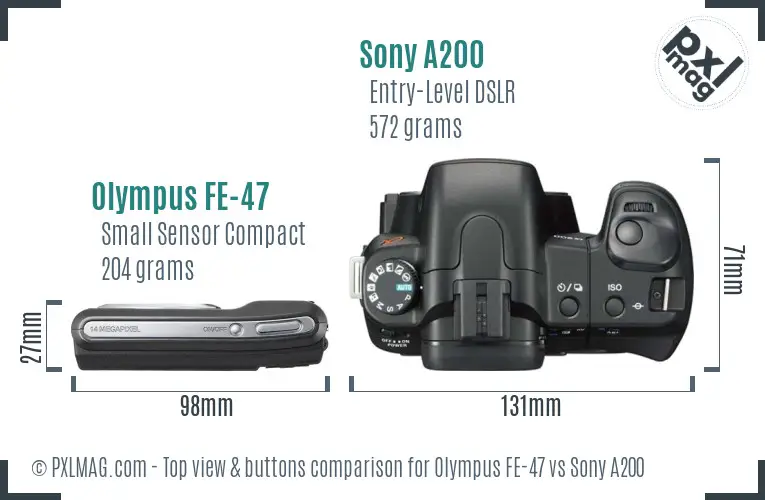 Olympus FE-47 vs Sony A200 top view buttons comparison