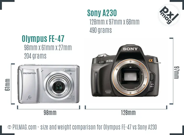 Olympus FE-47 vs Sony A230 size comparison