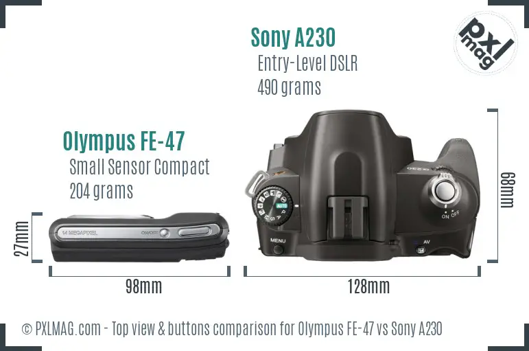 Olympus FE-47 vs Sony A230 top view buttons comparison