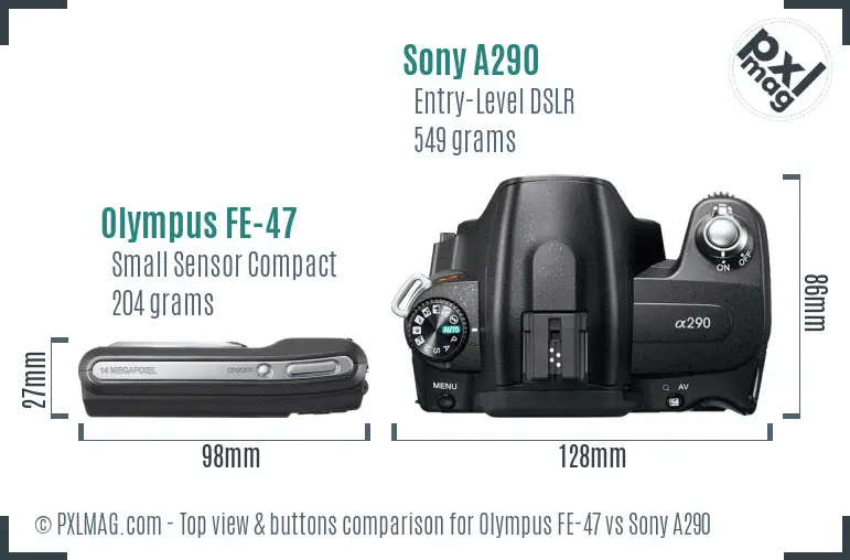 Olympus FE-47 vs Sony A290 top view buttons comparison