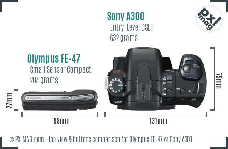Olympus FE-47 vs Sony A300 top view buttons comparison