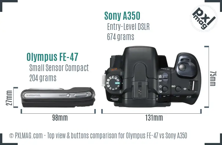 Olympus FE-47 vs Sony A350 top view buttons comparison