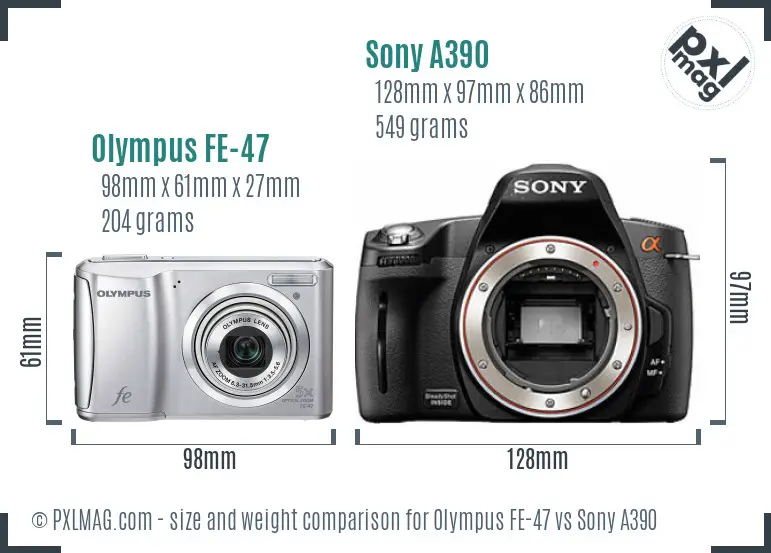 Olympus FE-47 vs Sony A390 size comparison