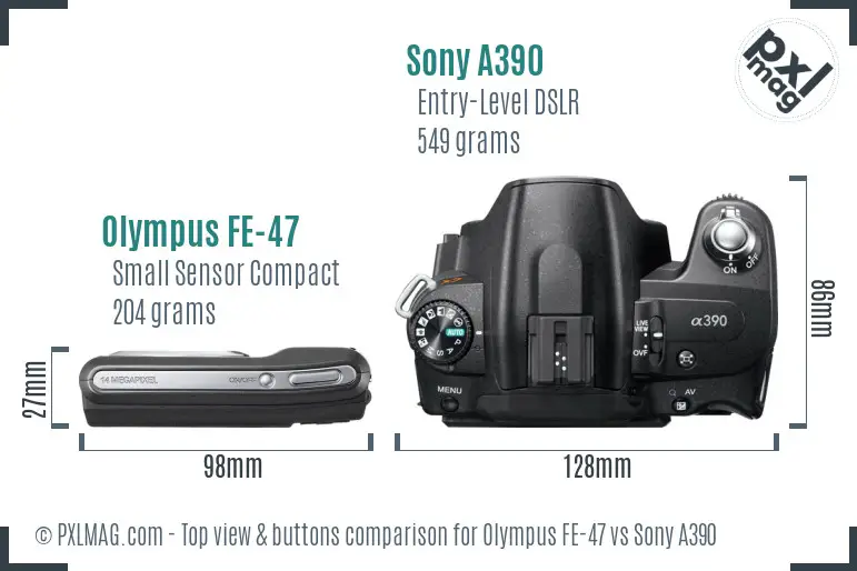 Olympus FE-47 vs Sony A390 top view buttons comparison