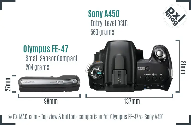 Olympus FE-47 vs Sony A450 top view buttons comparison