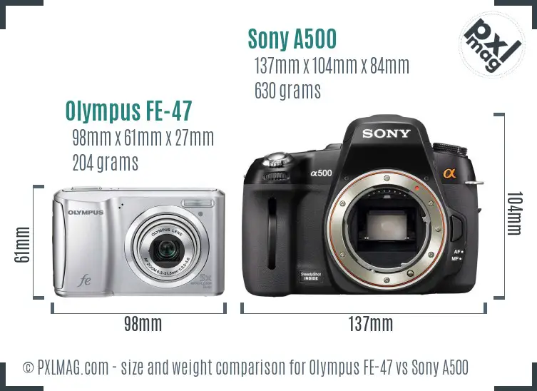 Olympus FE-47 vs Sony A500 size comparison