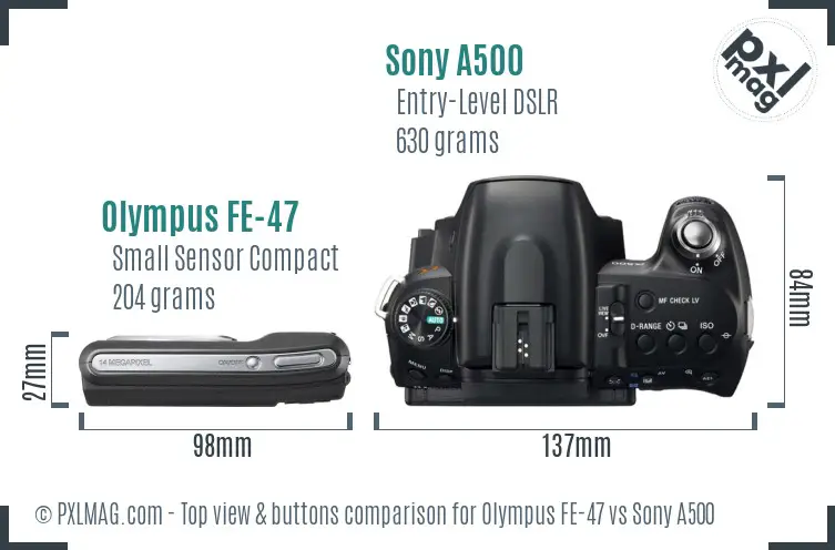 Olympus FE-47 vs Sony A500 top view buttons comparison