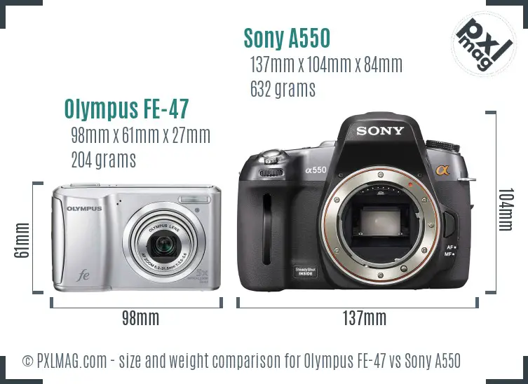 Olympus FE-47 vs Sony A550 size comparison
