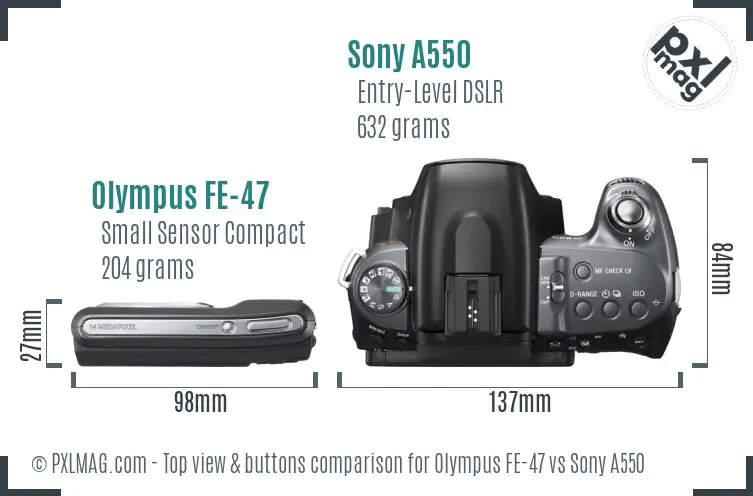 Olympus FE-47 vs Sony A550 top view buttons comparison