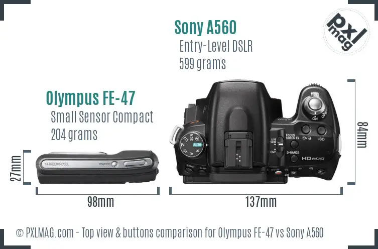 Olympus FE-47 vs Sony A560 top view buttons comparison