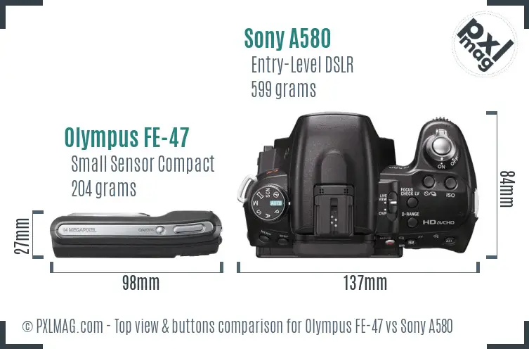 Olympus FE-47 vs Sony A580 top view buttons comparison