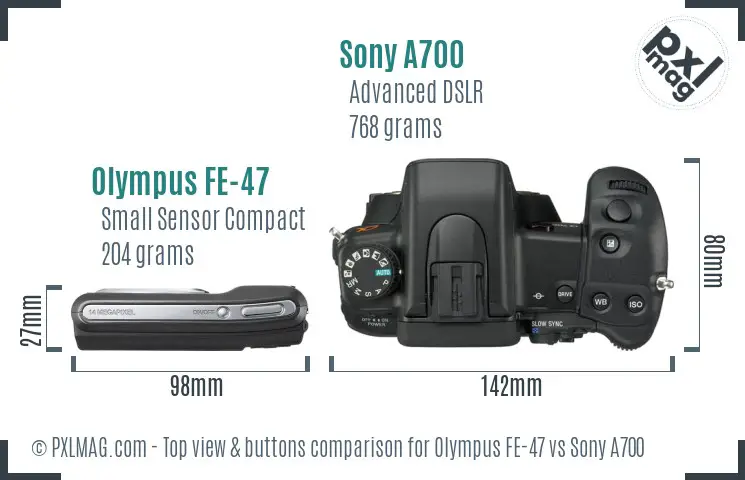 Olympus FE-47 vs Sony A700 top view buttons comparison