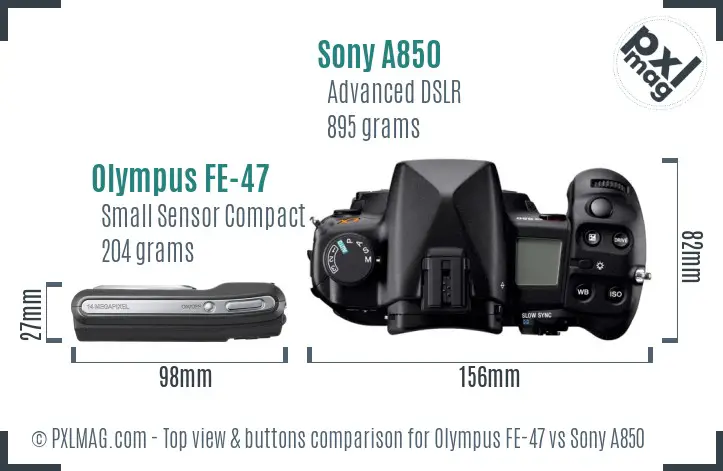 Olympus FE-47 vs Sony A850 top view buttons comparison