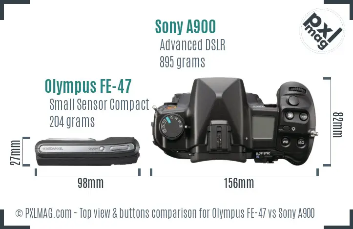 Olympus FE-47 vs Sony A900 top view buttons comparison